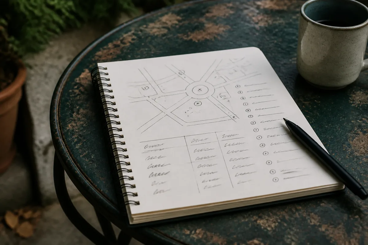 Carnet ouvert avec carte schématique et notes manuscrites indiquant heures et lieux
