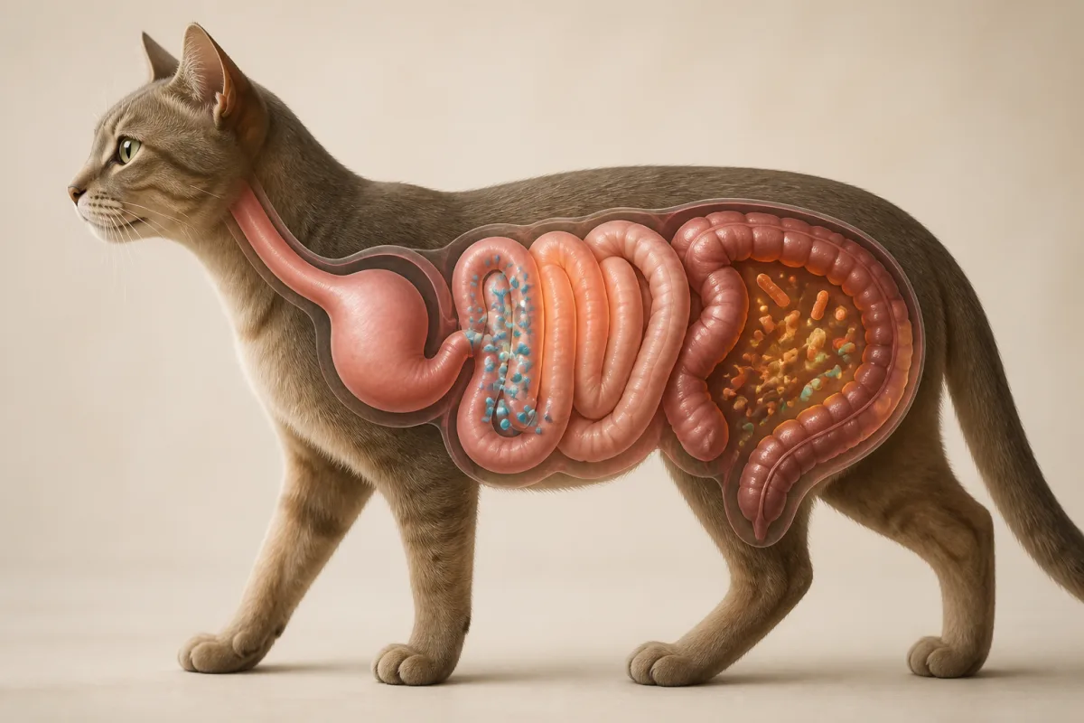 Schéma du tube digestif d’un chat montrant lactase et fermentation colique