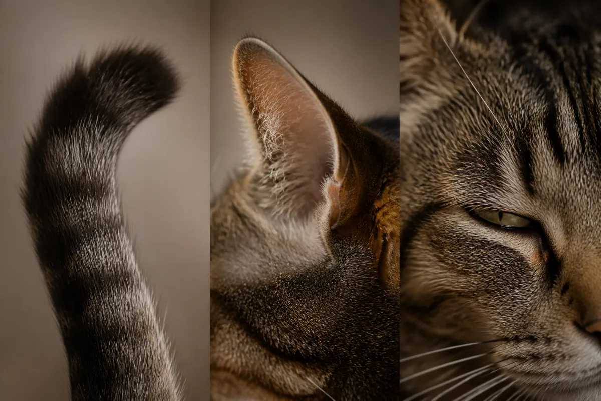 Triptyque rapproché : queue, oreille et œil d’un chat pour lecture des signes