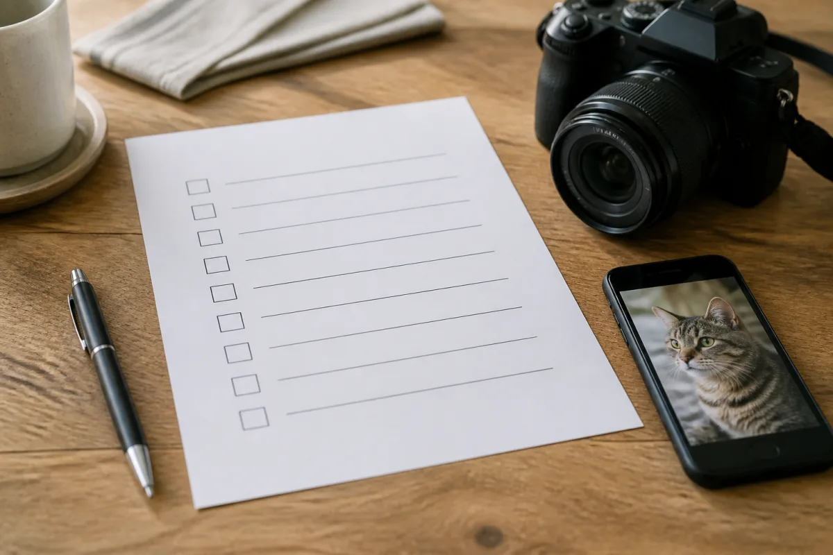 Checklist imprimée pour avis de recherche posée à côté d’un smartphone