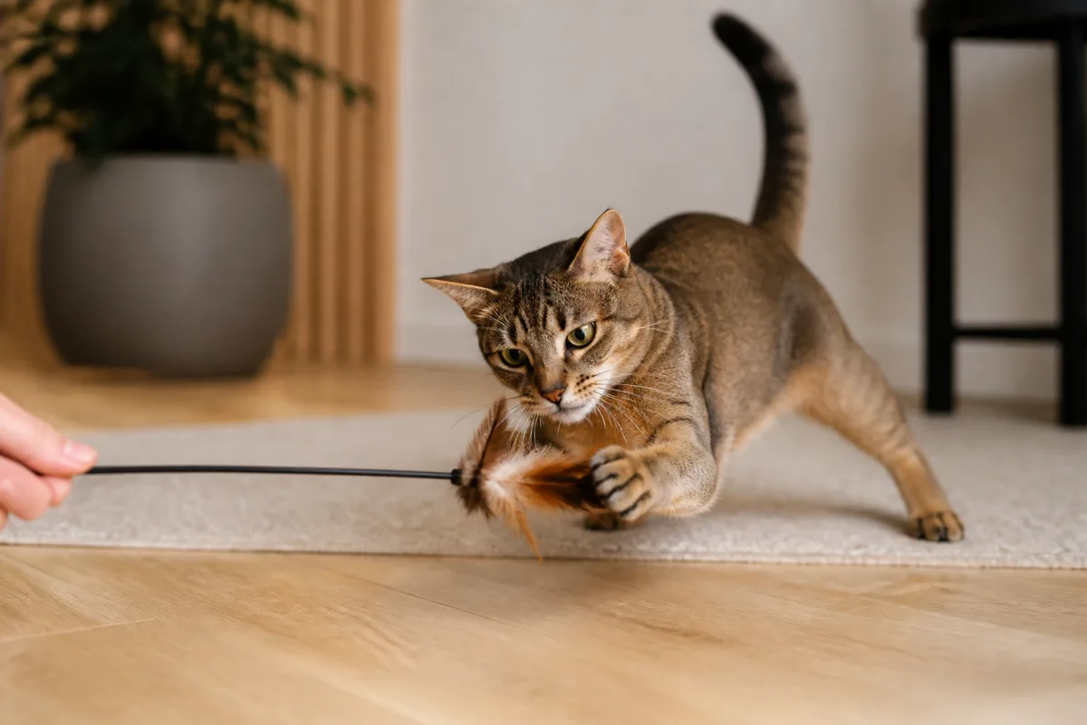 Chat saisissant une plume montée sur tige, jouet pris en bouche