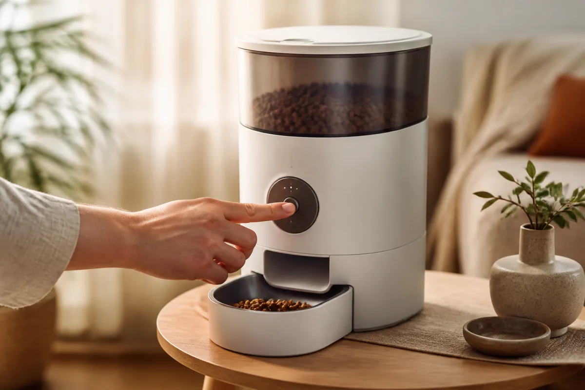 Distributeur automatique de croquettes programmable posé sur une table, doigt réglant la minuterie