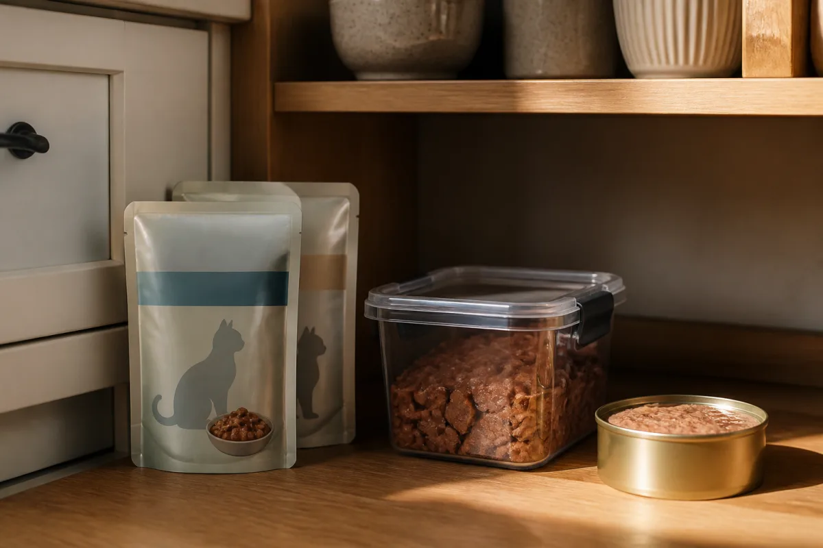 Paquet de croquettes et boîte de pâtée proches d’une source de chaleur et un bocal hermétique de stockage