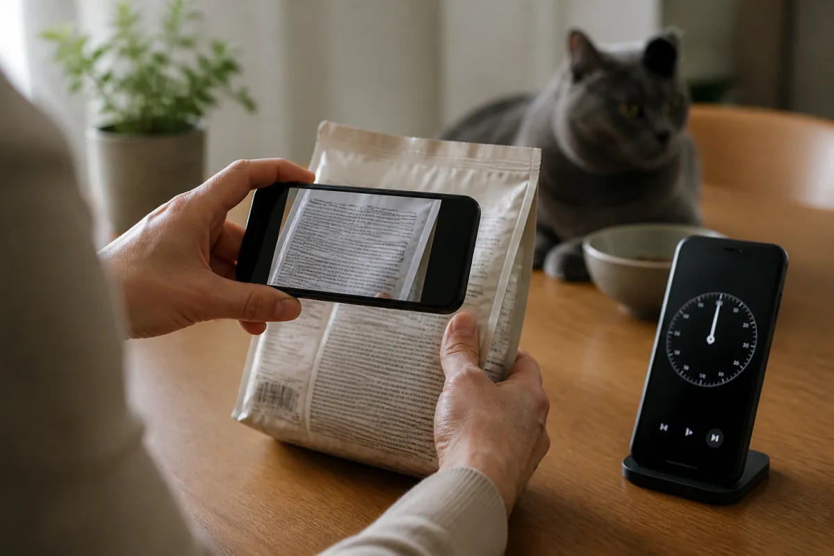 Photo d’un emballage alimentaire pris au smartphone avec l’heure visible sur l’écran