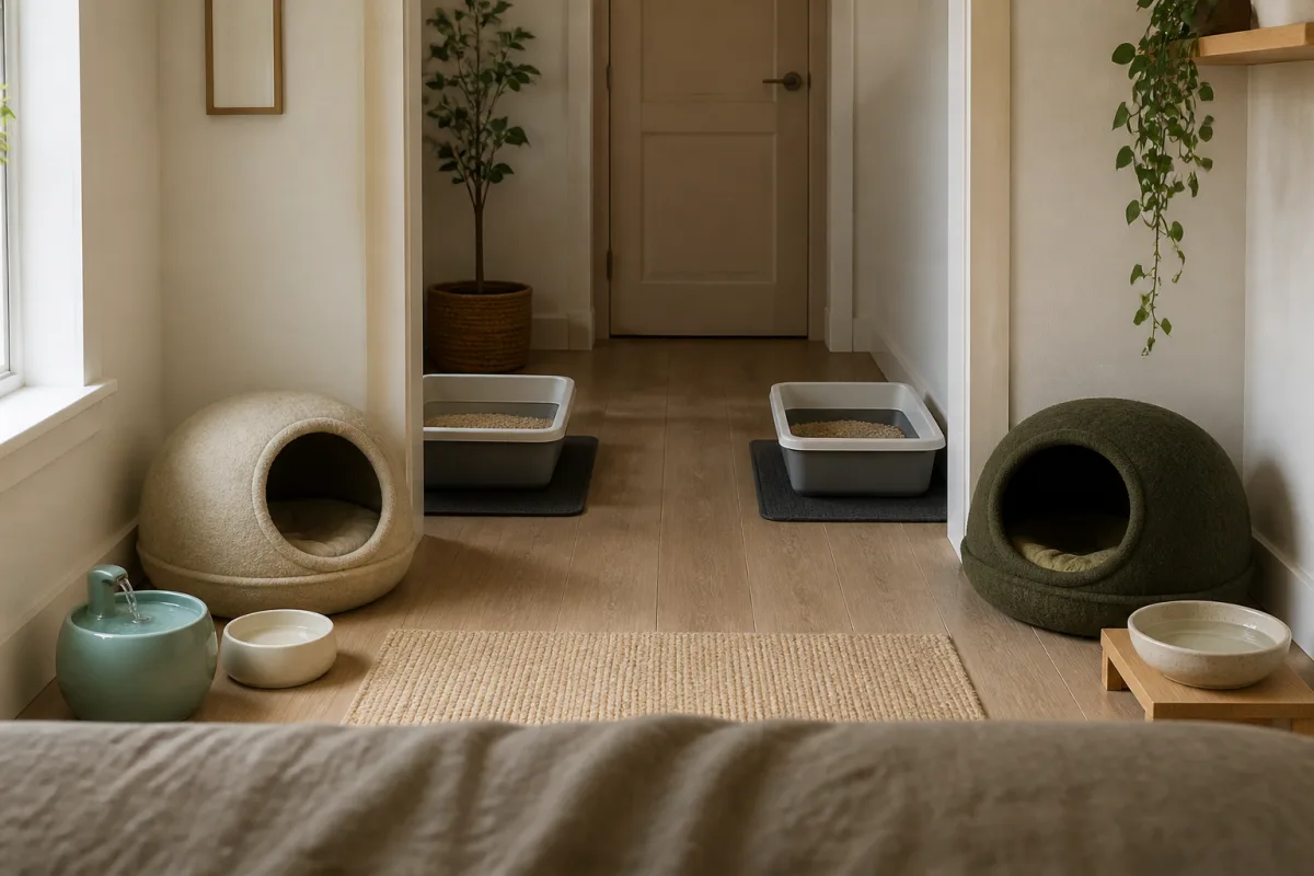 Deux litières et deux bols d’eau séparés dans un couloir, couchages individuels pour chats