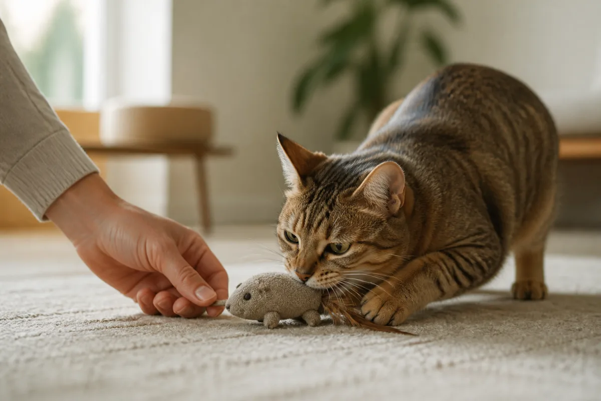 Main déposant une proie souple que le chat tient en bouche pour quelques secondes