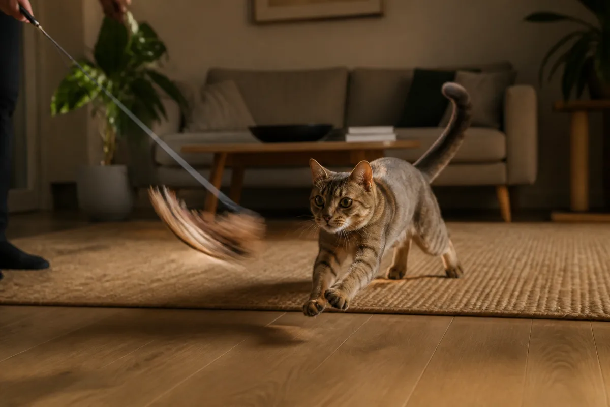 Canne à pêche pour chat en mouvement, chat en posture de saut poursuivant le jouet
