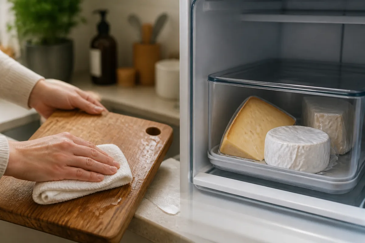 Mains lavant une planche à découper et fromage emballé dans un réfrigérateur avec thermomètre