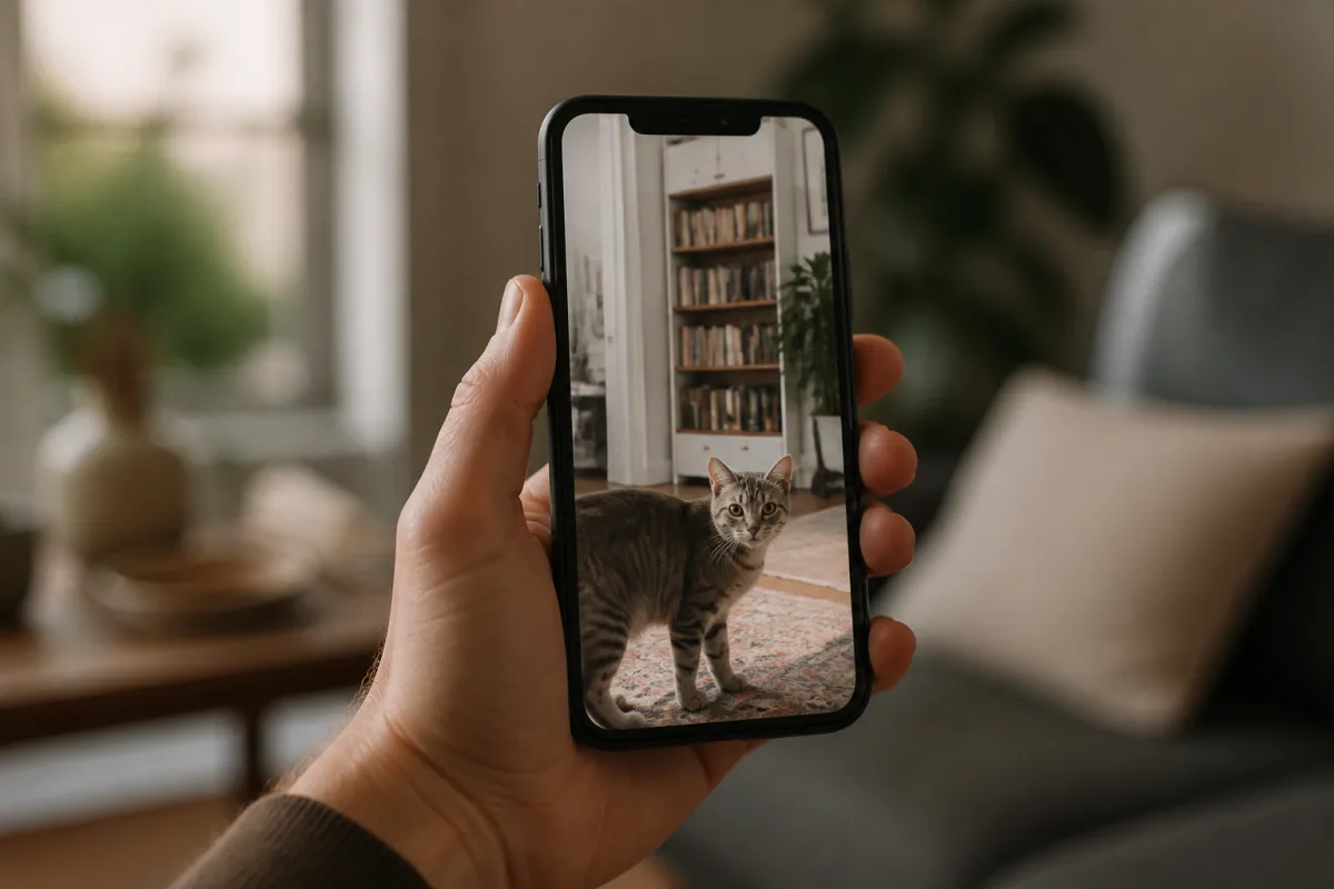 Smartphone en appel vidéo montrant un chat et une main tournant la caméra