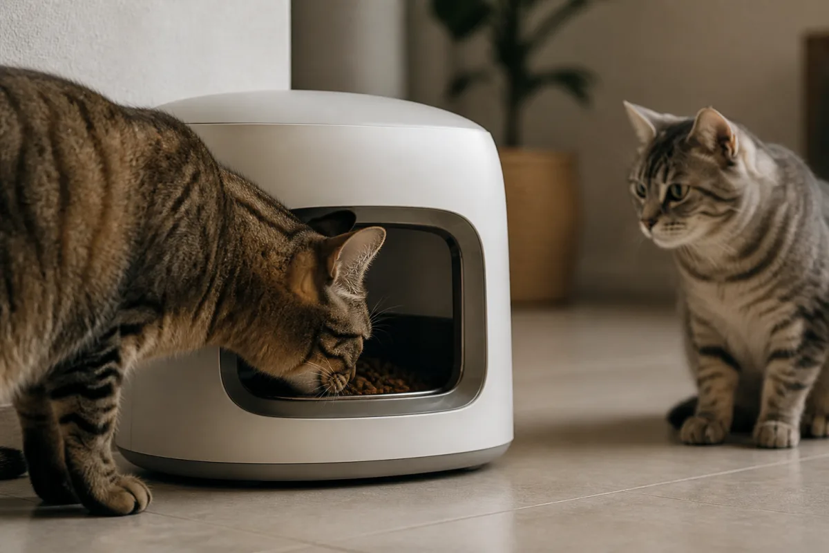 Gros plan de l’entrée d’une gamelle RFID avec un chat engagé et un autre en attente, montrant l’axe et la largeur d’accč